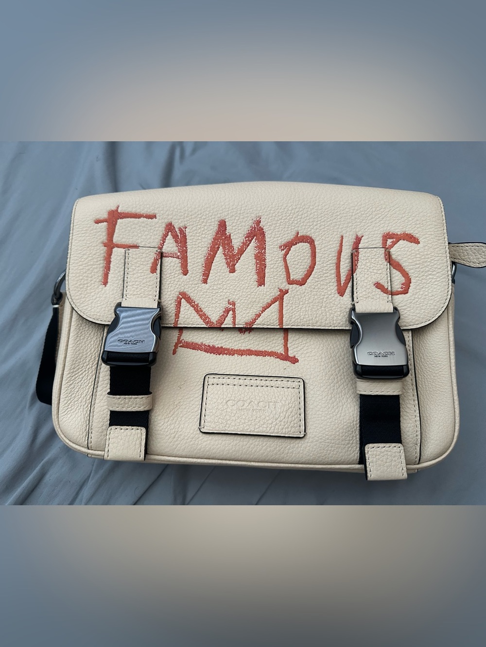 Coach X Jean Michel Basquiat Cream Leather Crossbody Bag with Red Graffiti